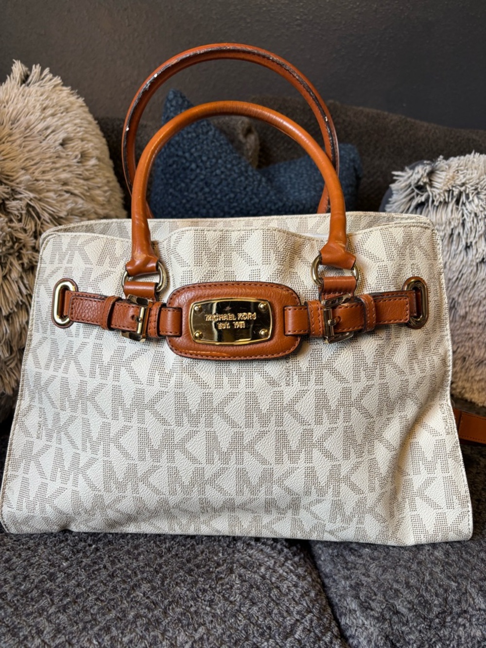 Michael Kors Beige Logo Tote with Brown Leather Handles - Picture 16 of 16